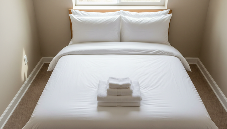Overhead view of a white duvet cover, pillows and folded towels on a made guest bed