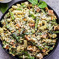 Pasta-pollo-espárragos-pesto-a-la-parrilla