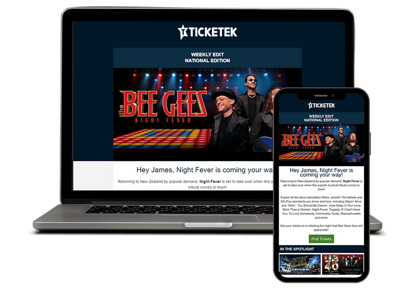 An image showing a laptop and a phone receiving an email from Ticketek