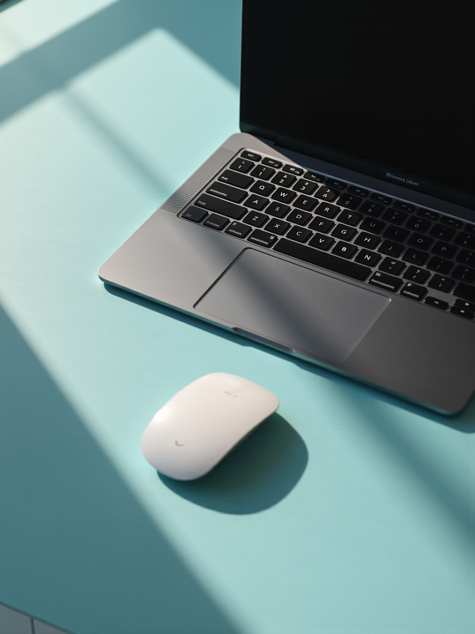 Macbook and Apple mouse on blue table top