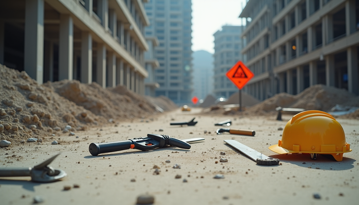 Eye-level view of a construction site with scattered tools and no visible safety signs