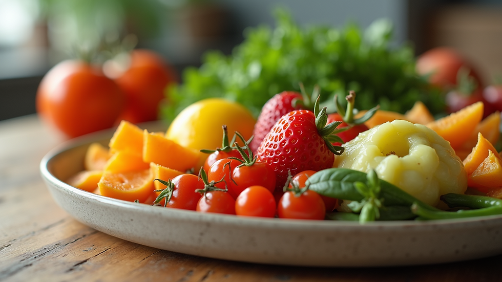 Close-up view of a healthy meal featuring fruits and vegetables