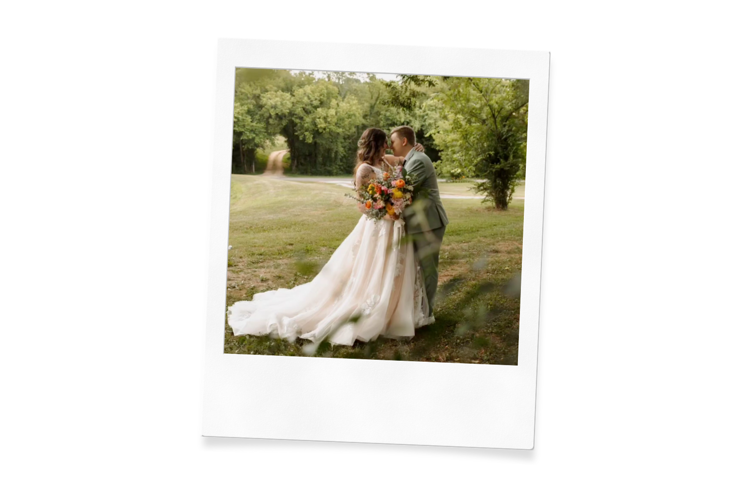 Wedding couple surrounded by trees at Touched By Time in Tennessee
