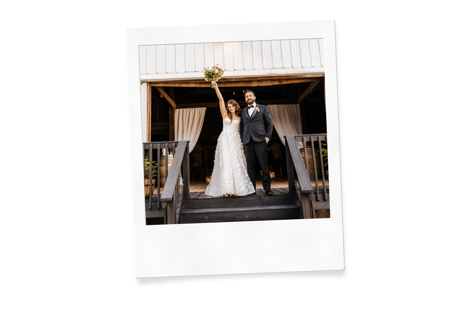 Newlywed couple on the grounds of Touched By Time wedding venue