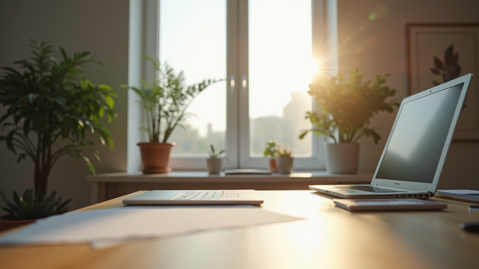 Eye-level view of a tidy workspace with a plant and natural light