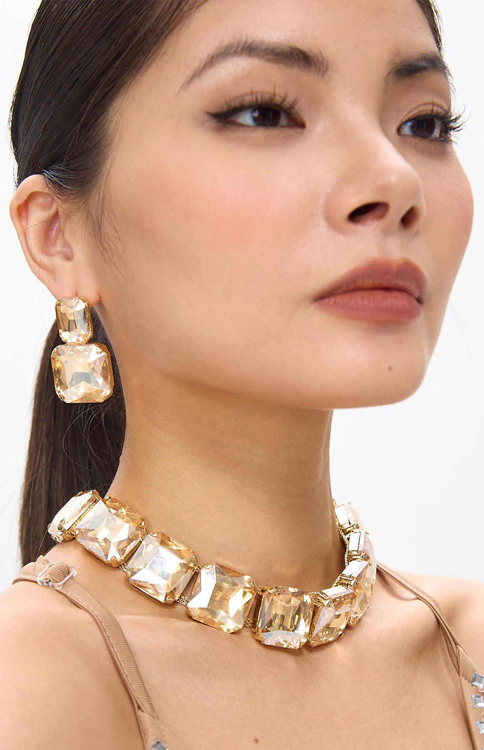 Thumbnail: Golden Diamante Crystal Necklace & Earrings Set