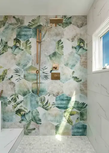 Artistic floral ceramic tiles in modern bathroom
