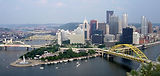 Pittsburgh skyline panorama: bridges, river, and city buildings