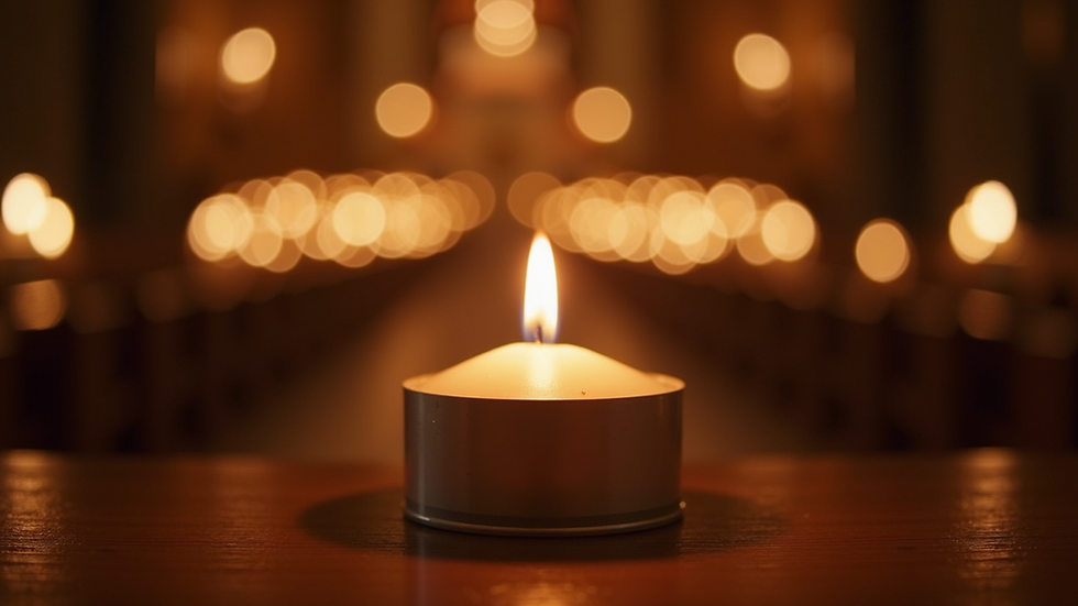 Eye-level view of a lit candle on a serene altar