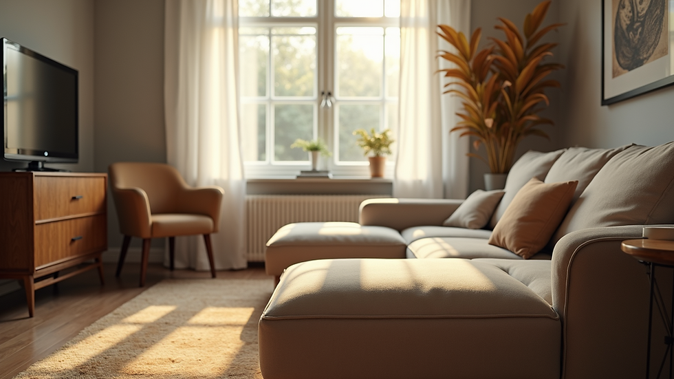 Eye-level view of a cozy living room sofa