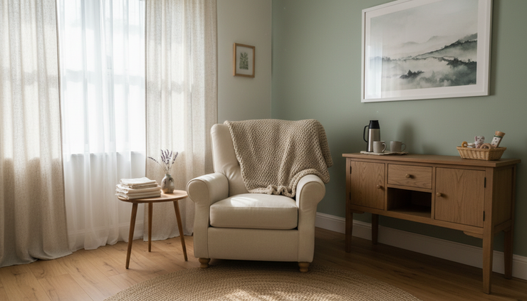 Wide-angle view of a quiet village clinic room prepared for a parent and baby appointment.
