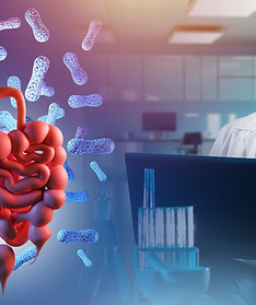 Probiotic bacteria research. Man researcher with flask. Stomach with probiotic elements. G