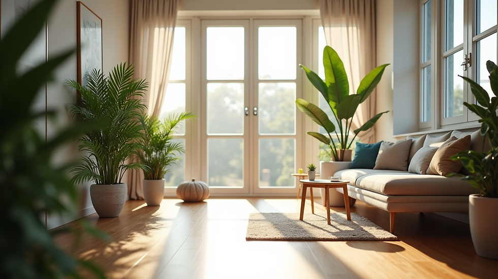 Eye-level view of a modern office wellness room with plants and natural light
