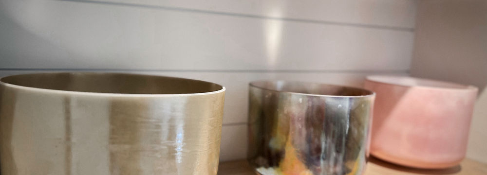 Crystal singing bowls used for sound healing at Meg's Studio