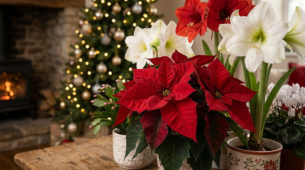 Poinsettias rouges et amaryllis blancs dans un salon de Noël, près d’un sapin illuminé et d’une cheminée allumée.