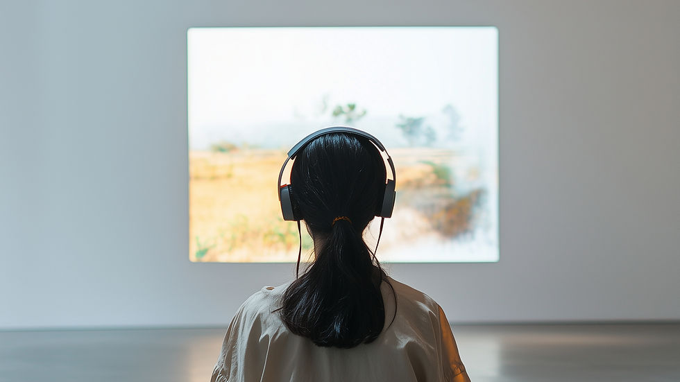 Femme assise en tailleur, casque sur les oreilles, face à une projection lumineuse floue dans une salle d’exposition calme.