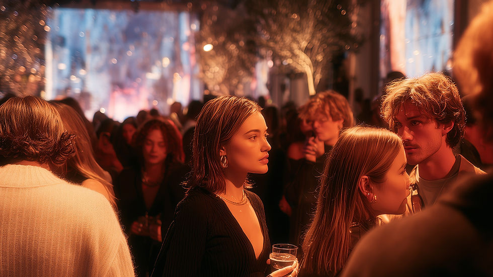 Foule élégante dans une soirée aux lumières orangées; une femme tient un verre, ambiance chaleureuse et animée.