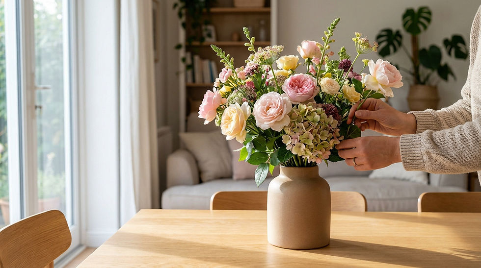 Mains ajustant un bouquet pastel dans un vase beige sur une table en bois, dans un salon lumineux et apaisant.