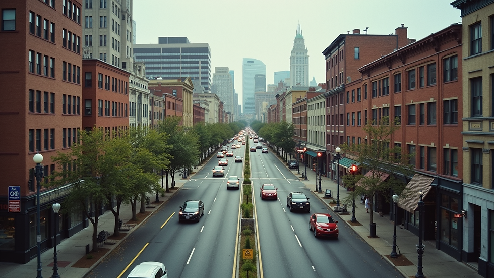 High angle view of Georgia Avenue with mixed-use buildings and busy traffic