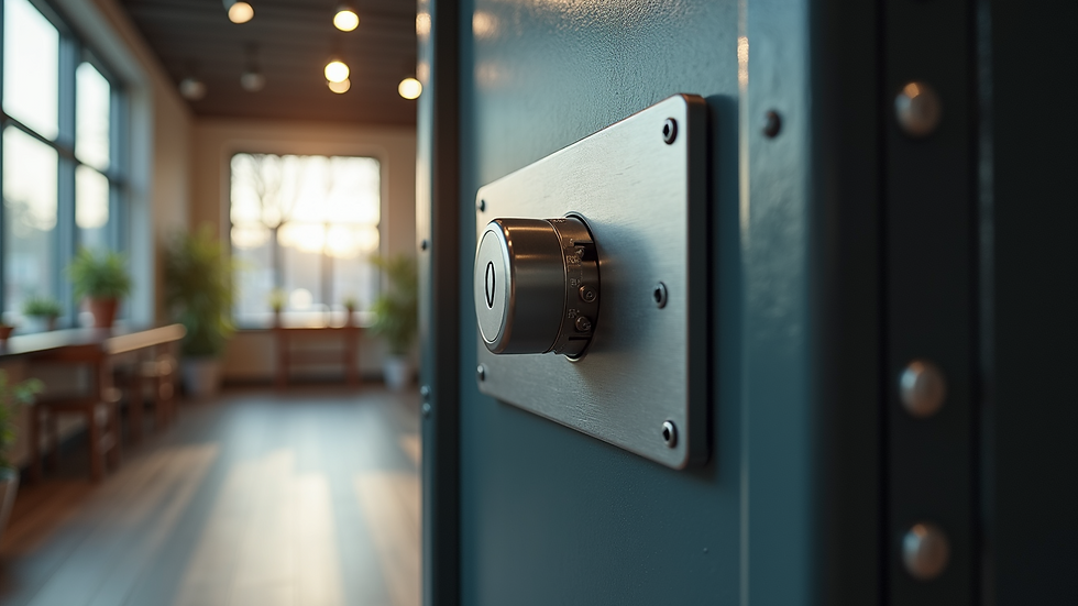 Eye-level view of a sturdy safe prominently displayed in a showroom
