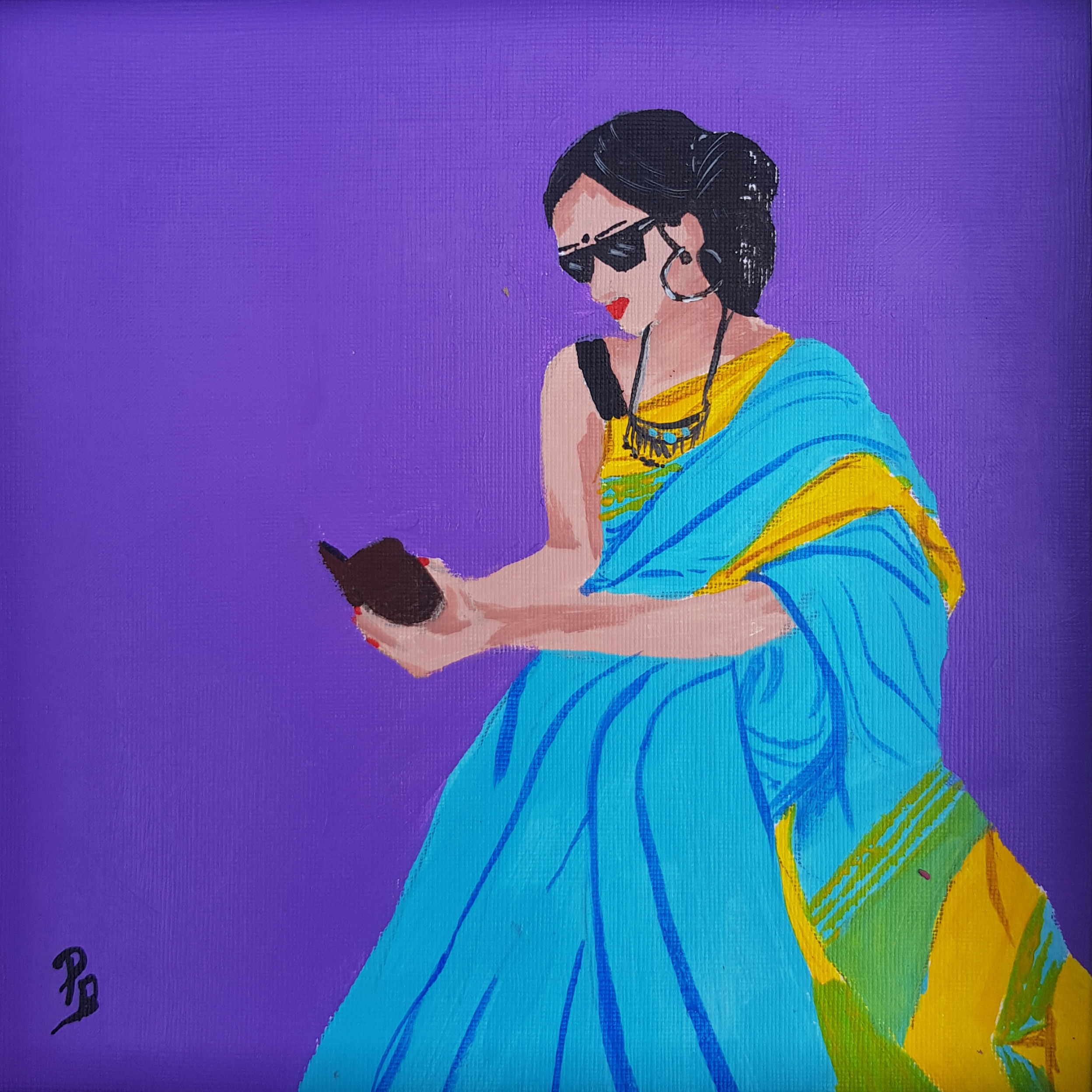 Blue saree and mobile POP art
