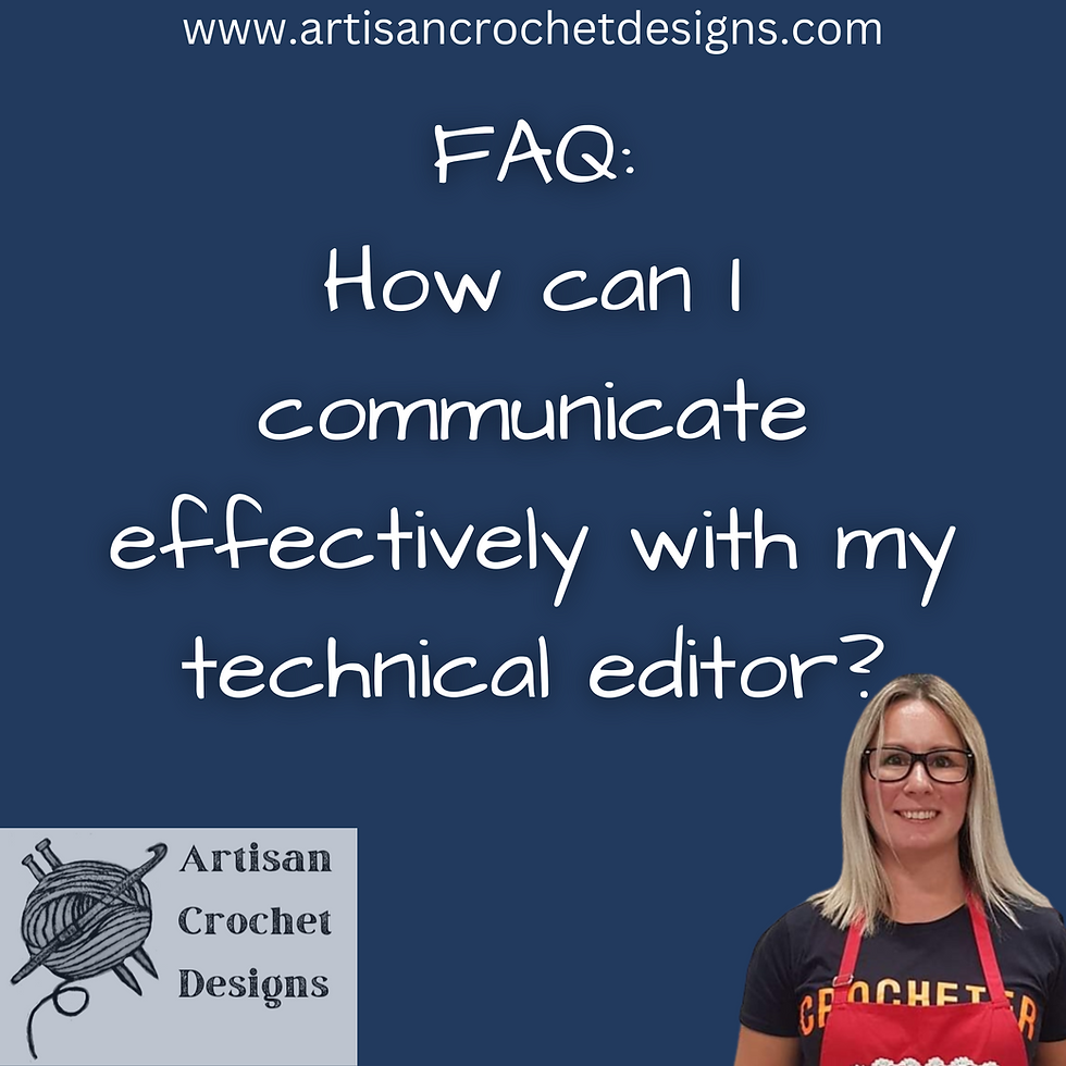 Navy background with white text with FAQ, blonde female with glasses wearing a red apron over a 'crocheter' slogan t'shirt