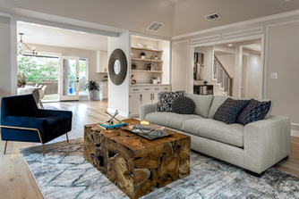 Transitional living room with built-in shelving, Dallas TX home remodel