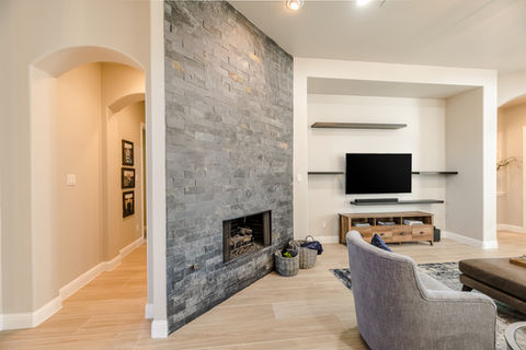 Stone fireplace wall living room remodel, modern farmhouse Dallas TX