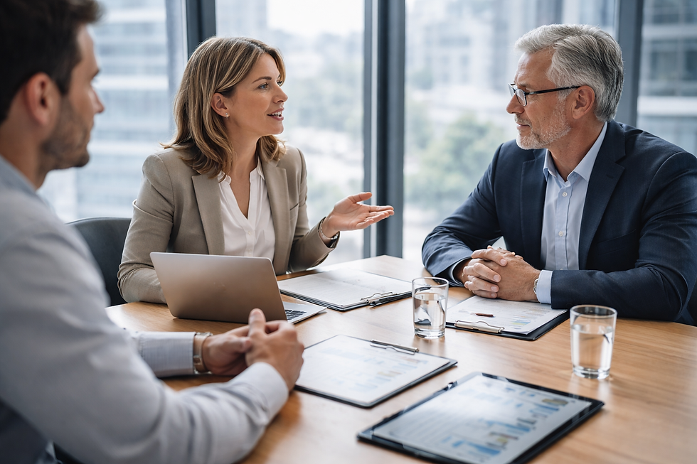 Three professionals in a meeting room discuss at a wooden table, with papers and laptops. Large windows show a cityscape background.
