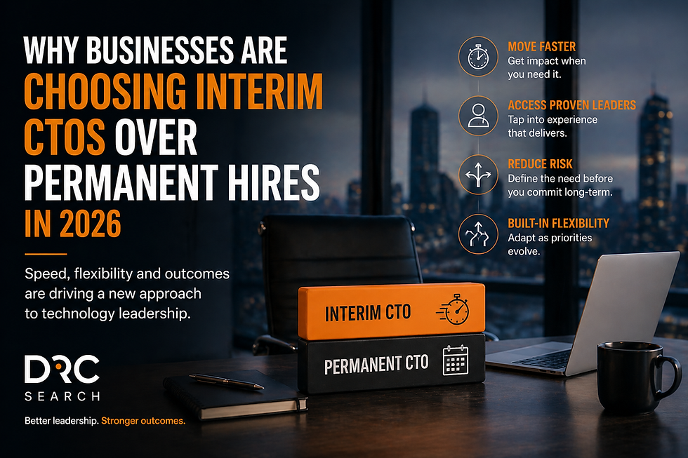 Office scene with laptop, notepad, and coffee. Text highlights benefits of choosing interim CTOs over permanent hires by 2026.