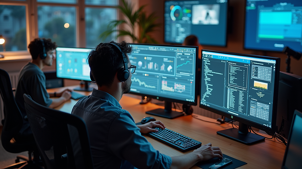 High angle view of a remote work setup with multiple screens and communication tools