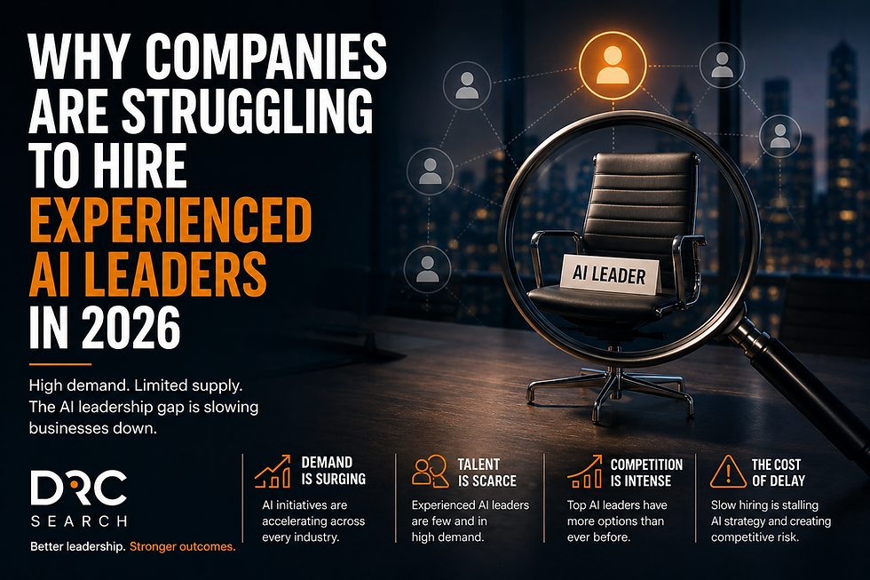 Text highlights AI leadership hiring struggles in 2026. Features empty chair labeled "AI Leader" with magnifying glass, cityscape view.
