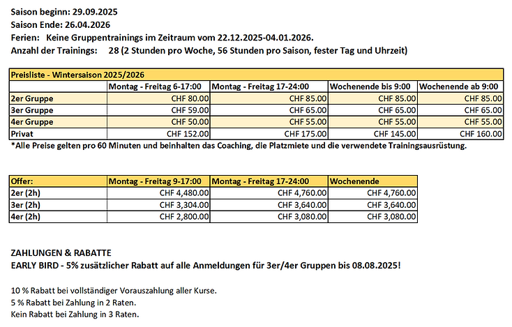 Erwachsene - Price list 2025-2026