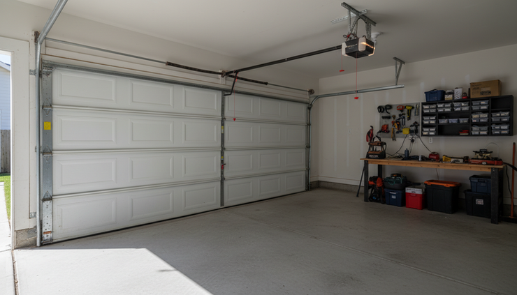 Wide-angle view of a garage door stuck halfway open with clear space around it.