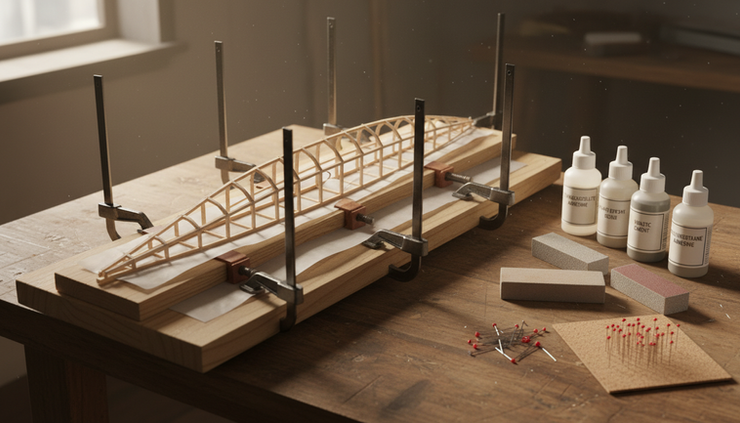 Wide-angle view of a model airplane fuselage clamped during glue curing