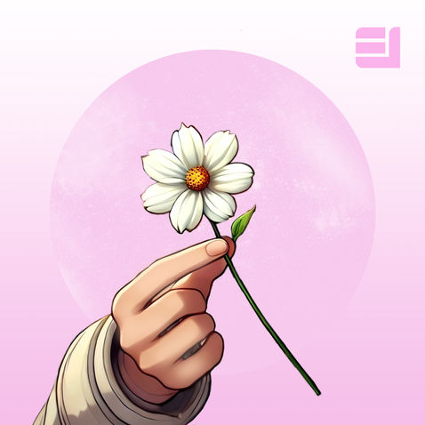 Illustrated single cover featuring a hand holding a white flower against a soft pink background.