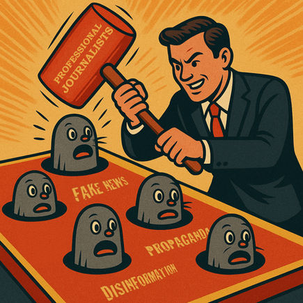 A man in a suit hits fake news, propaganda, and disinformation in a whack-a-mole game with a hammer labeled Professional Journalists.