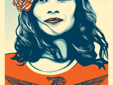 Illustration of a woman with a rose in her hair, wearing orange. Blue and orange tones dominate. "DREAM ACT NOW!" text below. Mood: empowering.