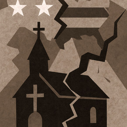 Stylized image of a church with a cracked facade, beneath a fractured American flag with stars. Earthy tones, somber mood.