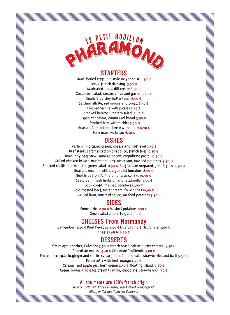 English Menu Le Petit Bouillon Pharamond France