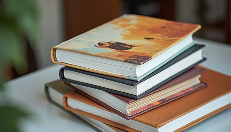 High angle view of a stack of freshly printed books with colorful covers