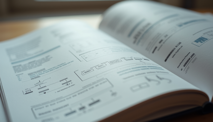 Close-up view of an open manual showing diagrams and text on large pages