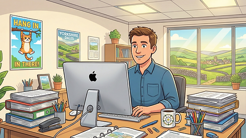 Smiling man at desk, working on computer with countryside view