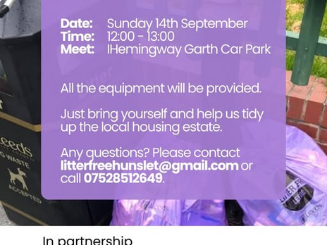 Join Hunslet Tenants and Residents Association and Litter Free Hunslet this Sunday