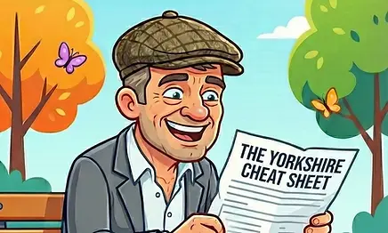 Smiling man in a flat cap reading The Yorkshire Cheat Sheet guide for local charity grant funding and bid writing