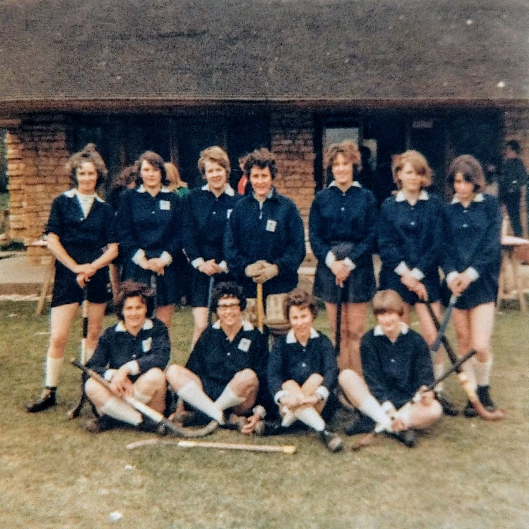 Ilmington hockey team 1960s - Back row from left:  Terry Hall, ?,  Margo Haines,  Goal keeper June Hands nee Sabin, ?, ?, ?. Front row:  Sheila Sabin, Irene Sabin, Anne Batchelor