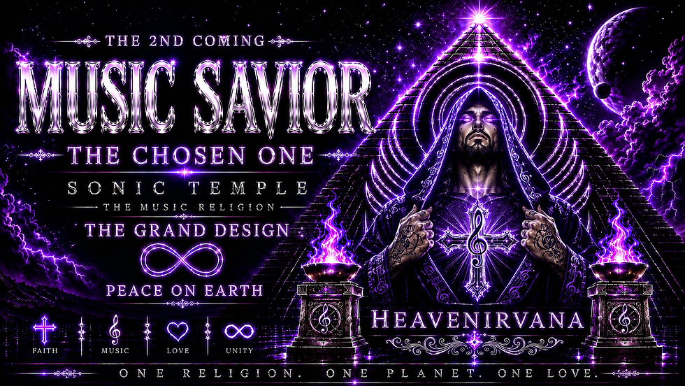 Wide landscape purple Music Savior logo artwork with central robed figure, glowing pyramid, and decorative typography.