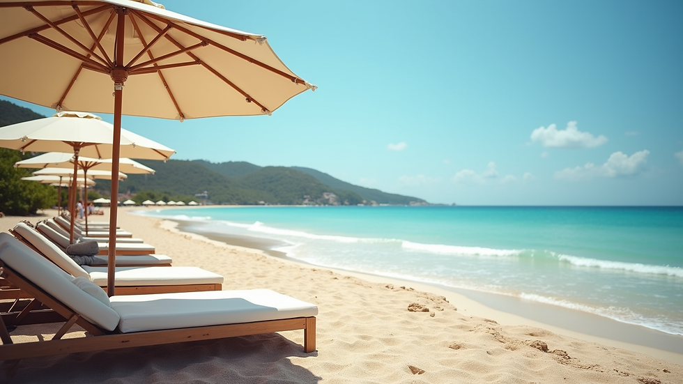 Wide angle view of a luxurious beach with sun loungers and umbrellas