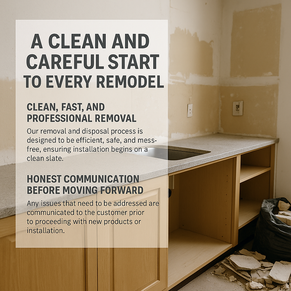 Image showing a partially demolished kitchen with old cabinets removed and debris on the floor, alongside a text overlay explaining A-X Built’s clean, fast removal and transparent communication during the remodel process.