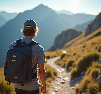 A-dynamic-shot-of-a-person-wearing-a-custom-branded-cap-hiking-a-rugged-mountain-trail-und